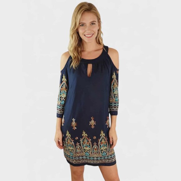 CATO Women's Cold Shoulder Midi Dress Large  Boho Floral Paisley Embroidered - Picture 1 of 7